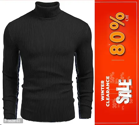 Stylish Black Woolen High Neck Solid Sweat Shirt For Men-thumb0