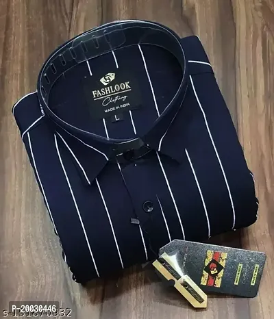 Navy Blue Cotton Blend Striped Casual Shirts For Men