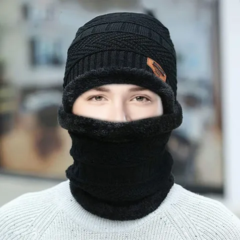 Snow Proof Inside Fur Wool Unisex Cap & Neck Warmer Set for Mens & Womens