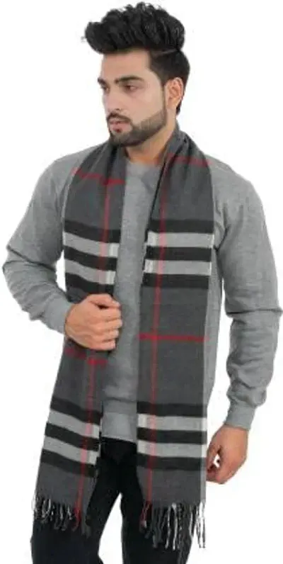 Mehak Fashion Pure Wool Muffler For Men's Classic Striped Pattern Scarf Soft Warm Woolen Muffler (GREY)