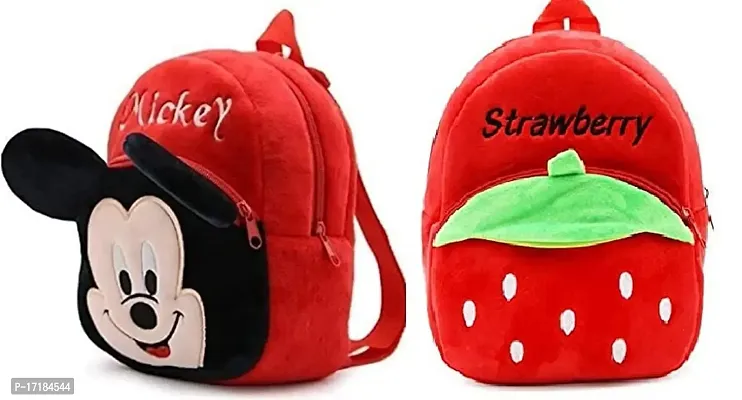 DP STAR Micky Strawberry Velvet Soft Plush Cartoon School Bag Combo for Kids School Nursery Picnic (1-6 Years)