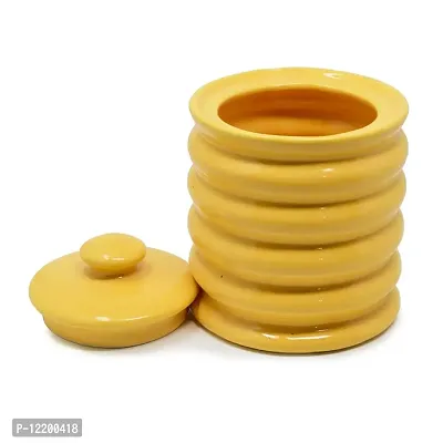 The Himalayan Goods Company Ceramic Ribbed Container Jar with Lid or Cutlery Stand 625 ml (Yellow)-thumb3