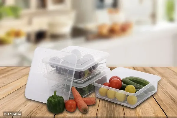 Angelware   Square Food Storage Container with Removable Drain Plate - 2500 ml Plastic Fridge Container  (Pack of 3, Clear)-thumb4