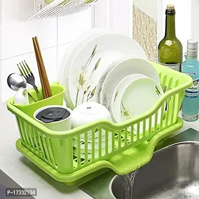 Angelware 3 in 1 Large Durable Plastic Kitchen Sink Dish Rack Drainer Drying Rack Washing Basket with Tray for Kitchen, Dish Rack Organizers, Utensils Tools Cutlery (green , Pack of 1)-thumb3