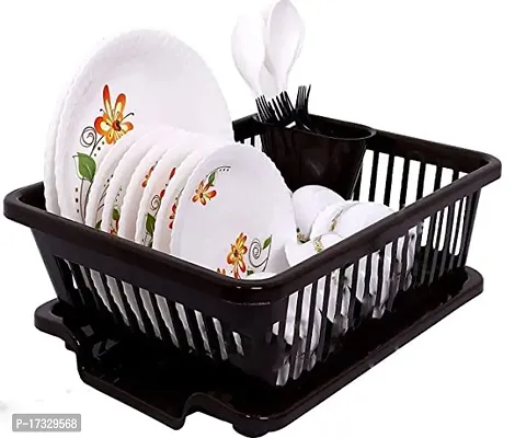 Angelware 3 in 1 Large Durable Plastic Kitchen Sink Dish Rack Drainer Drying Rack Washing Basket with Tray for Kitchen, Dish Rack Organizers, Utensils Tools Cutlery (brown , Pack of 1)