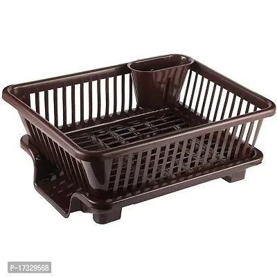 Angelware 3 in 1 Large Durable Plastic Kitchen Sink Dish Rack Drainer Drying Rack Washing Basket with Tray for Kitchen, Dish Rack Organizers, Utensils Tools Cutlery (brown , Pack of 1)-thumb2