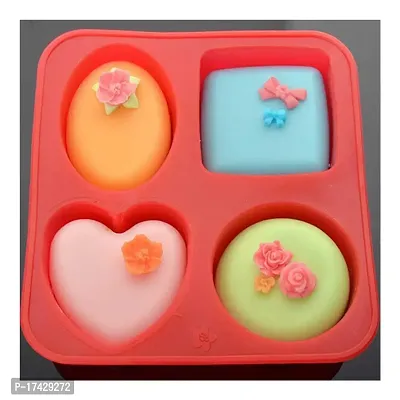 Angelware Silicone Circle, Square, Oval and Heart Shape Soap Cake Making Mold, Chocolate Mold 4 in 1, Red-thumb0