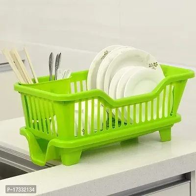 Angelware 3 in 1 Large Durable Plastic Kitchen Sink Dish Rack Drainer Drying Rack Washing Basket with Tray for Kitchen, Dish Rack Organizers, Utensils Tools Cutlery (green , Pack of 1)