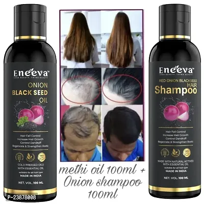 Onion Methi Hair Oil And Red Onion Black Seed Hair Shampoo For Smooth And Sliky Long Hair Pack Of 2