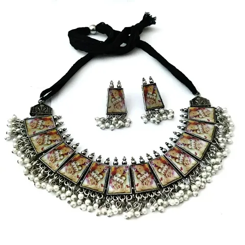 Yash Jewels Emporium Silver-Plated Radha Krishna Necklace Set in Stylish Photo Meena Design with Stud Earring For Girls & Women