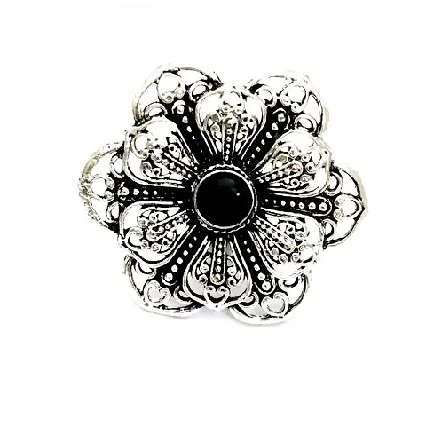 Yash Jewels Emporium Latest Stylish Silver-Plated Oxidized Flower Stone Adjustable Ring For Women And Girls (Black)