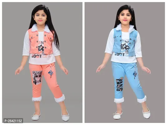 Cutiepie Funky Cotton Printed Top and Bottom with Jacket Sets For Girls Pack of 2