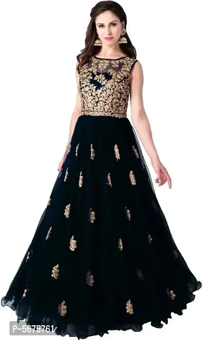 Stylish Net Embroidered Round Neck Gown For Women