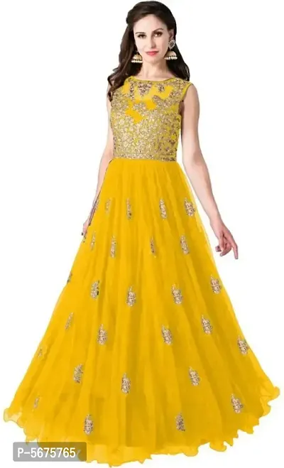 Stylish Net Embroidered Round Neck Gown For Women
