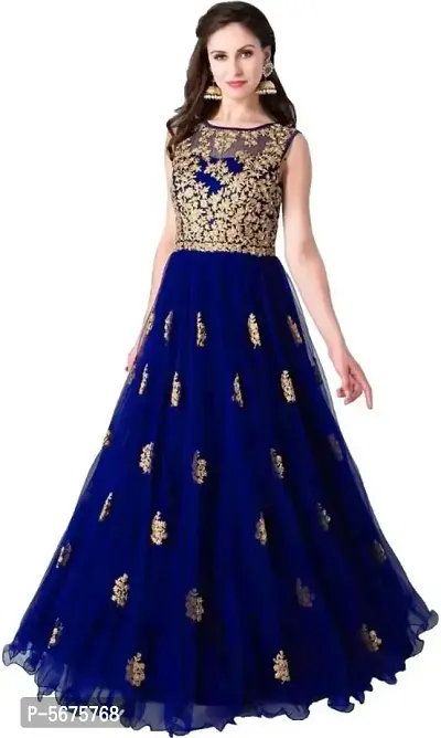 Stylish Net Embroidered Round Neck Gown For Women