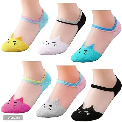 Pack of 6 Multicolor Transparent Ankle Length Cat Design Net Socks For Women's and Girl's