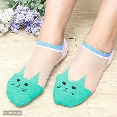 Pack of 6 Multicolor Transparent Ankle Length Cat Design Net Socks For Women's and Girl's-thumb3