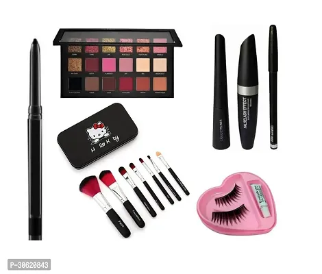 18 Colors rose gold eyeshadow palette,Black hello kitty makeup brush set,Mascara set combo,Black kajal,1 Pair eyelashes (set of 7)