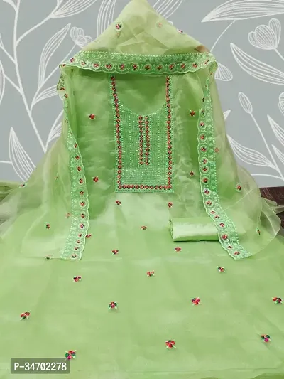 Elegant Green Organza Embroidered Dress Material With Dupatta For Women-thumb0