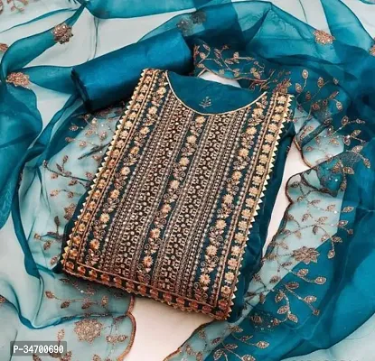 Elegant Blue Organza Embroidered Dress Material With Dupatta For Women