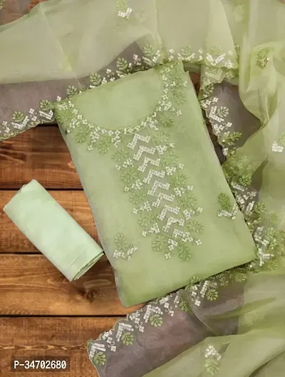 Elegant Green Organza Embroidered Dress Material With Dupatta For Women-thumb0