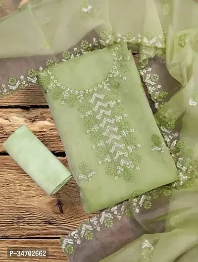 Elegant Green Organza Embroidered Dress Material With Dupatta For Women-thumb0