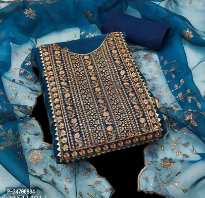 Elegant Blue Organza Embroidered Dress Material With Dupatta For Women