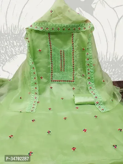 Elegant Green Organza Embroidered Dress Material With Dupatta For Women-thumb0