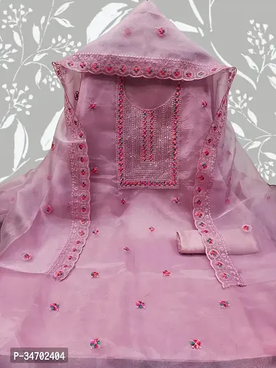 Elegant Pink Organza Embroidered Dress Material With Dupatta For Women-thumb0