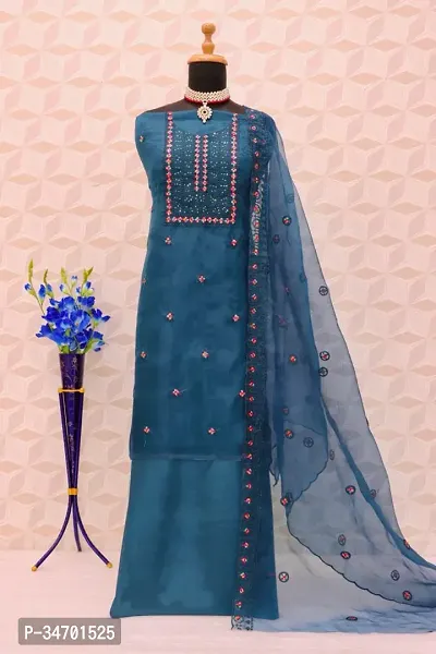 Elegant Blue Organza Embroidered Dress Material With Dupatta For Women-thumb0