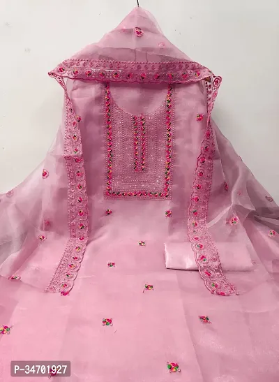 Elegant Pink Organza Embroidered Dress Material With Dupatta For Women-thumb0