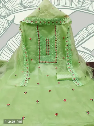 Elegant Green Organza Embroidered Dress Material With Dupatta For Women