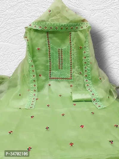 Elegant Green Organza Embroidered Dress Material With Dupatta For Women-thumb0