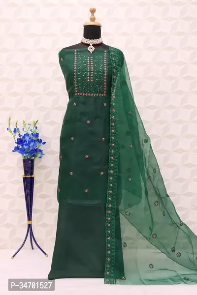 Elegant Green Organza Embroidered Dress Material With Dupatta For Women