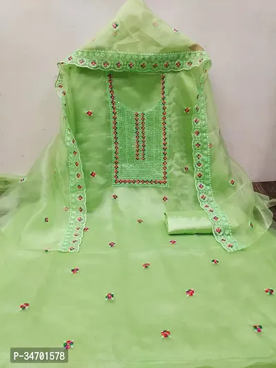 Elegant Green Organza Embroidered Dress Material With Dupatta For Women