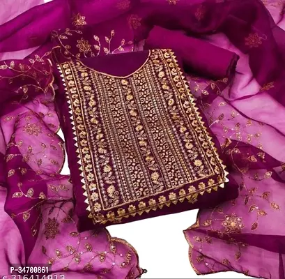 Elegant Magenta Organza Embroidered Dress Material With Dupatta For Women