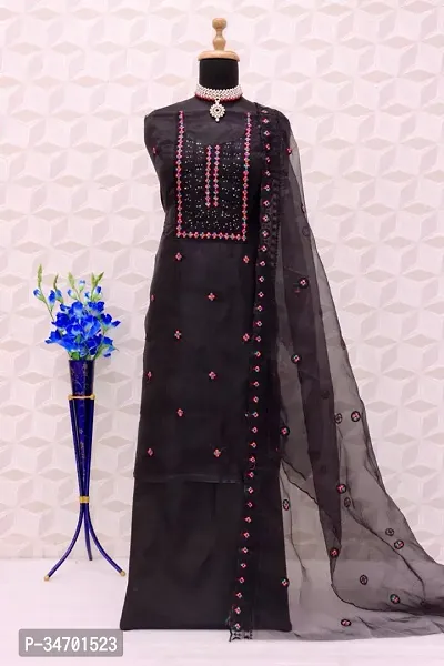 Elegant Black Organza Embroidered Dress Material With Dupatta For Women