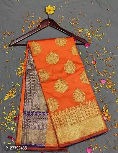 Stylish Orange Kanjeevaram Silk Printed Saree With Blouse Piece For Women