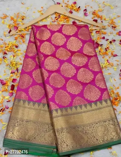 Stylish Pink Kanjeevaram Silk Printed Saree With Blouse Piece For Women