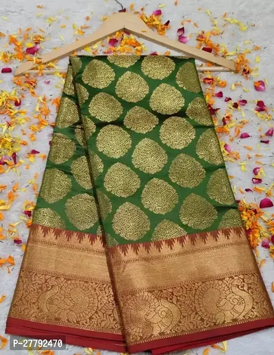 Stylish Green Kanjeevaram Silk Printed Saree With Blouse Piece For Women