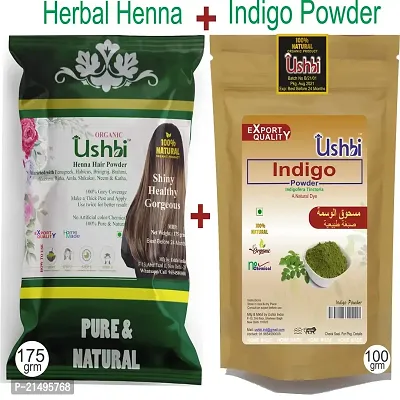 USHBI Herbal Henna 175g + Indigo 100g | combo 0f 2 | All Hair Type | Men  Women| for Sliky, Shiny, Smooth  Puffy Hair | Indigo A Natural Dye | 175+100 =275g |