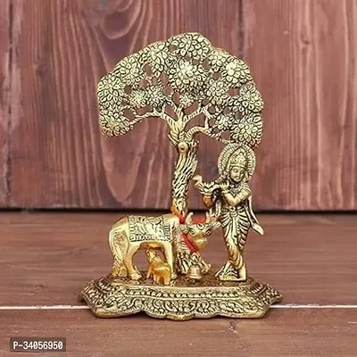 Shivakari Gift Items Metal Krishna Ji with Cow and Calf Standing Under Tree Playing Flute (Gold, 12x8x17 cm, 300 Gram) Figurine, 1 Piece (1)-thumb0