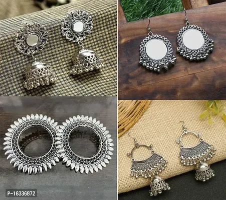 Oxidised Flower Mirror Stud Earring Combo of 4