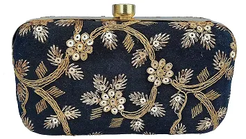 Surva Cart Velvet Fabric Hand Embroidery Women's Clutch With Sling Chain| Black | SBP-28_New-thumb1