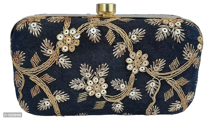 Surva Cart Velvet Fabric Hand Embroidery Women's Clutch With Sling Chain| Black | SBP-28_New-thumb2