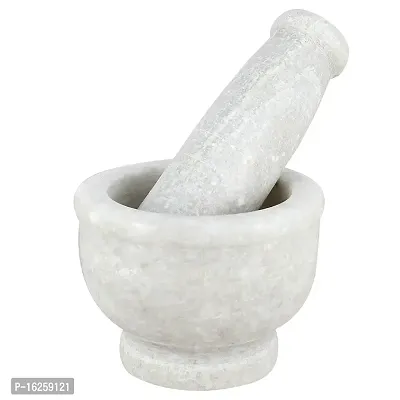 Surva Cart Handmade White Marble Stone Bowl Shape Mortal Pestle Hamam Dasta Crusher-thumb0