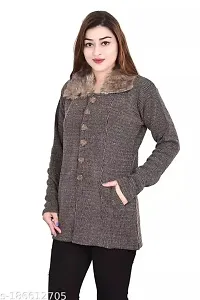 Women Self Design Round Neck Fawn Sweater-thumb2
