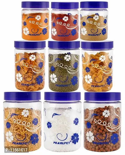 PEARLPET Transparent Blossom Printed Container for Kitchen Storage Set , Plastic with Blue LID, 200 ML , 500 ML , 800ML Set of 9 Pieces