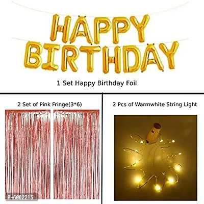 1 set of Happy Birthday Golden Foil Ballon+ 2pcs Pcs Pink Curtain+ 2 pcs of Cork string Led