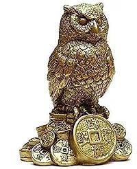 Feng Shui Golden Owl Standing on a Pile of Coins Idol Statue for Good Luck  Prosperity, Holy Spiritual Showpiece for Car Dashboard  Home Decor, Made in India Best for Gifting-thumb1